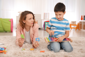 Mother and kid playing a game together